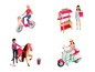 Poupées avec accessoires, dont un vélo, un cheval, une scooter et un stand de marché.