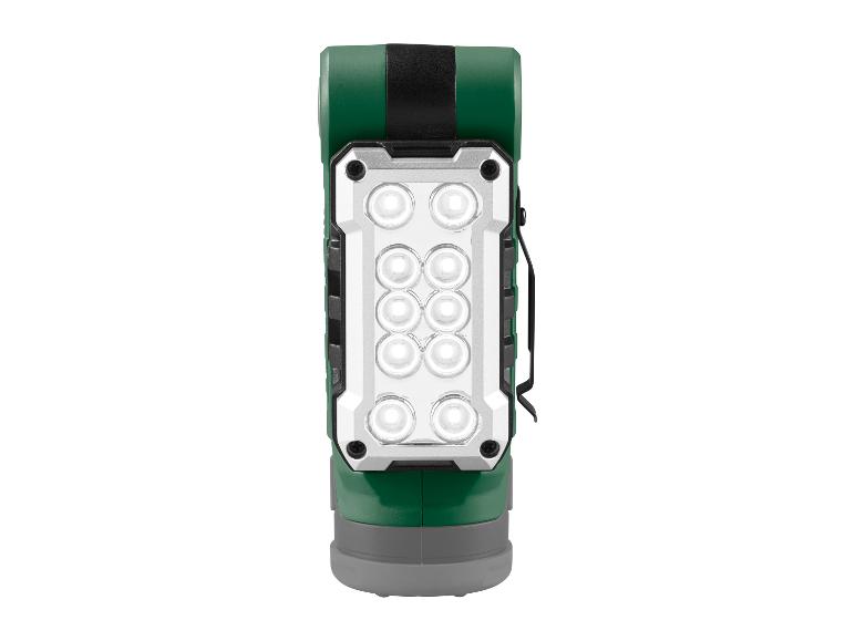 Lampe de travail LED verte et grise avec sangle noire et clip de ceinture