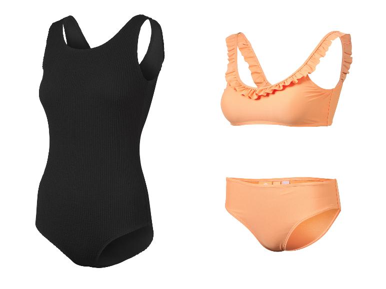 Maillot de bain une pièce noir et bikini orange à volants
