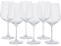 Six élégants verres à vin en verre transparent disposés sur deux rangées sur fond noir.