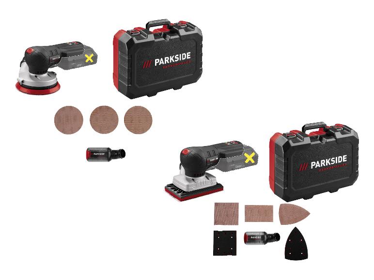 Ponceuses sans fil PARKSIDE PERFORMANCE® 20V avec accessoires et mallettes de rangement.