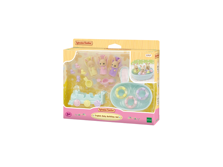Ensemble de bain pour bébés triplés avec figurines de lapins, baignoire et accessoires.