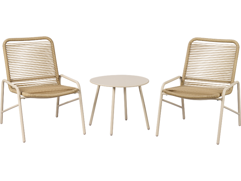 Deux chaises tressées beiges et une table ronde