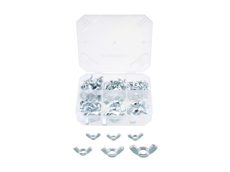 Une boîte de rangement en plastique transparent remplie d'écrous à oreilles argentés de différentes tailles, avec d'autres écrous en dessous.