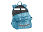 Un sac à dos bleu à pois blancs et roses, ouvert avec un ordinateur portable à l'intérieur.