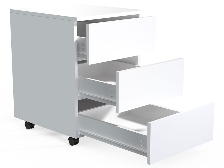 Une table de chevet blanche avec trois tiroirs sur roulettes