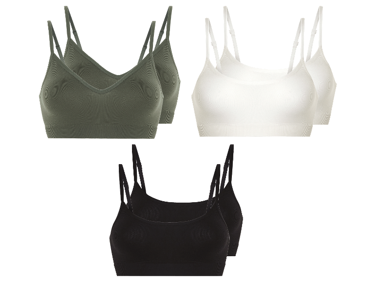 Trois ensembles de soutiens-gorge de sport à bretelles fines en vert olive, blanc et noir.