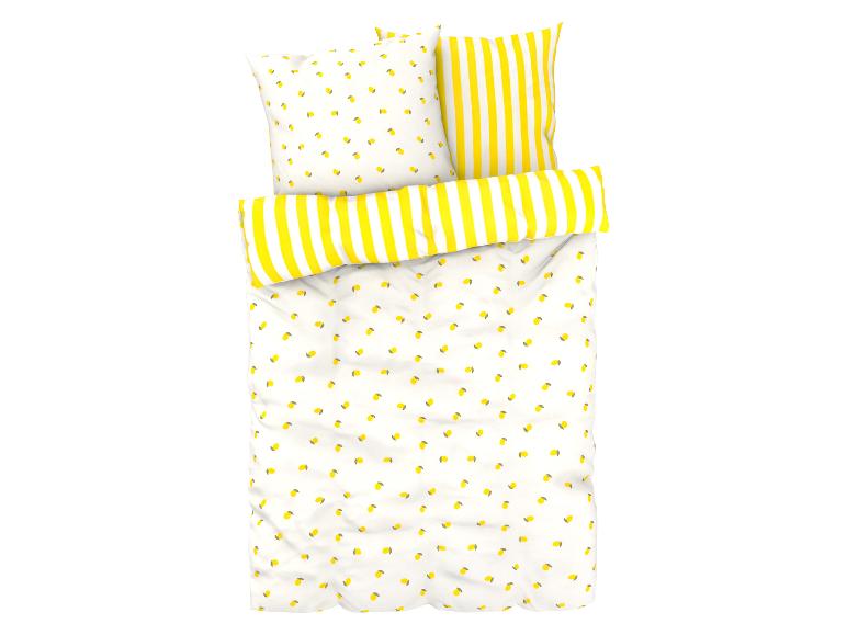 Parure de lit jaune citron : draps, taies d'oreiller rayées et à motifs citrons.
