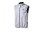 Gilet de course gris sans manches avec fermeture éclair et détails noirs.