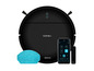 Un aspirateur robot Conga noir avec une serpillière bleue, une application smartphone et une télécommande.
