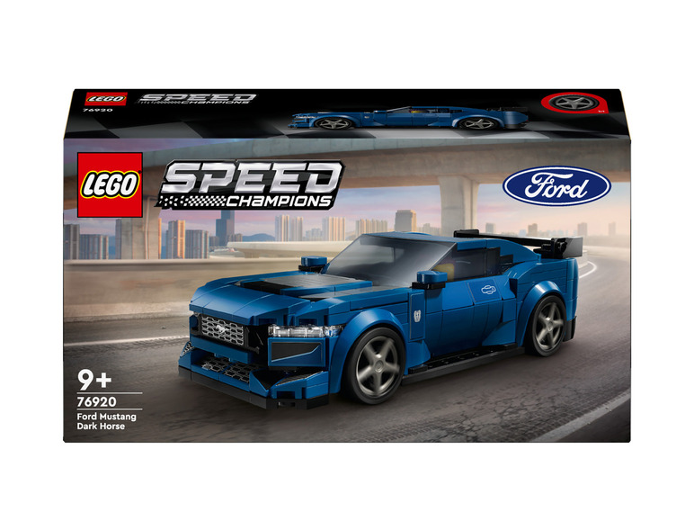 Ensemble Lego Speed Champions avec une Ford Mustang Dark Horse bleue.