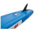 Planche de paddle gonflable bleue avec aileron et dimensions 320cm x 84cm x 15cm.