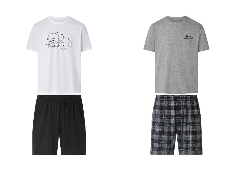 Pyjamas t-shirt et short: blanc avec motif chien, gris avec texte.