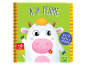 Livre pour enfants avec cinq volets, 'À la ferme', avec une vache mignonne.