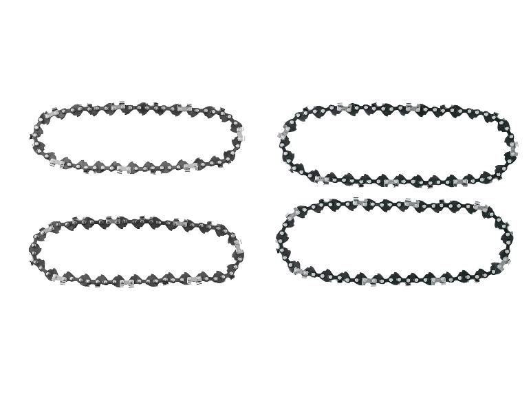 Quatre chaînes de tronçonneuse de différentes tailles sur fond blanc.