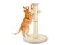 Chat roux jouant avec un poteau à griffer avec une balle suspendue.