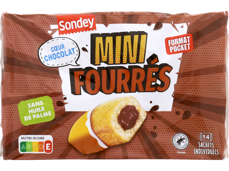 Mini gâteaux fourrés au chocolat, sans huile de palme, en 14 sachets individuels.