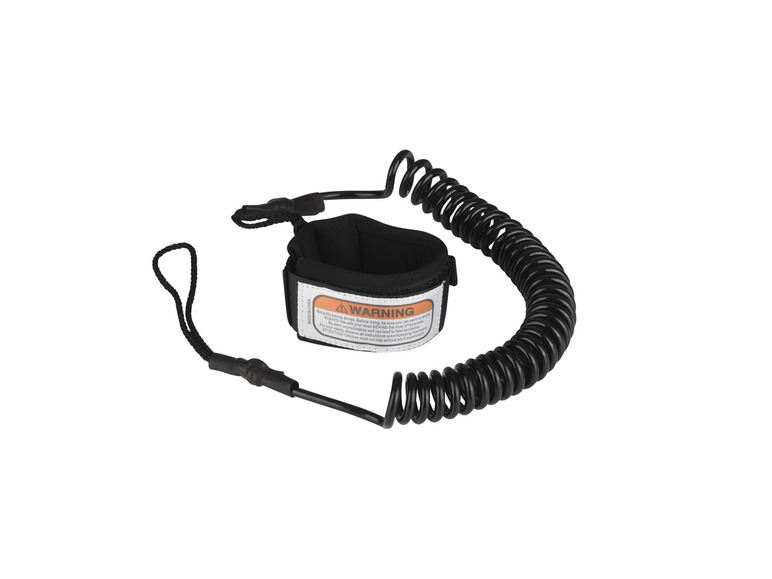 Une leash de surf noire avec une ligne enroulée et un bracelet de poignet.