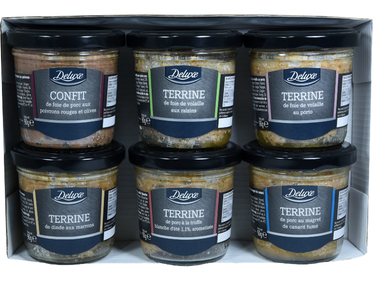 Six pots de terrines et confits Deluxe, saveurs foie de porc, canard et truffe.