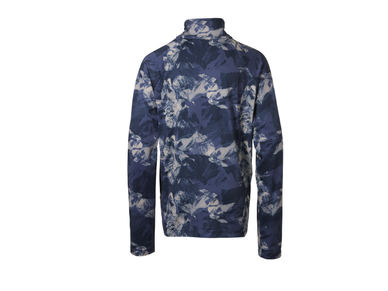 Polaire homme à col montant, motif camouflage bleu et blanc, vue de dos.