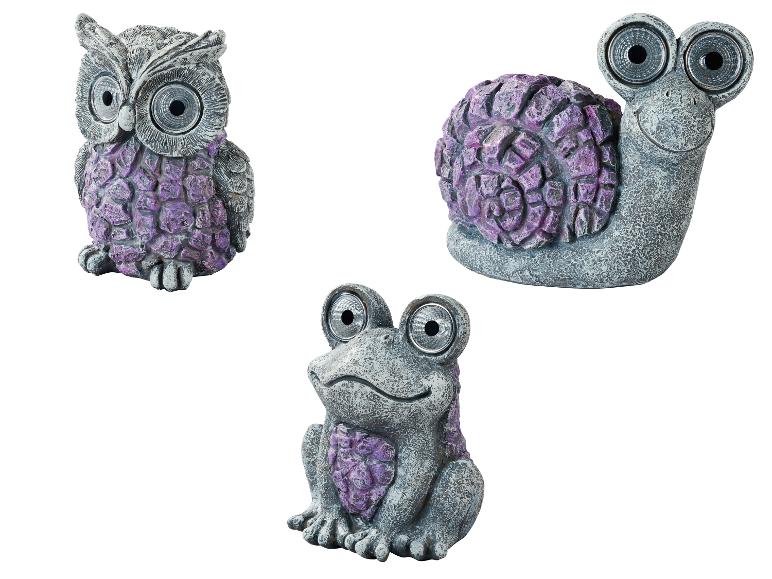 Hibou, escargot et grenouille avec détails violets, figurines de jardin solaires