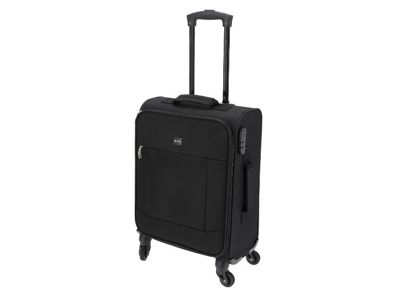 Valise trolley noire avec poignée télescopique et quatre roulettes.