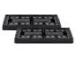 Deux supports de jardinière en plastique noir avec trous de drainage et design modulaire.