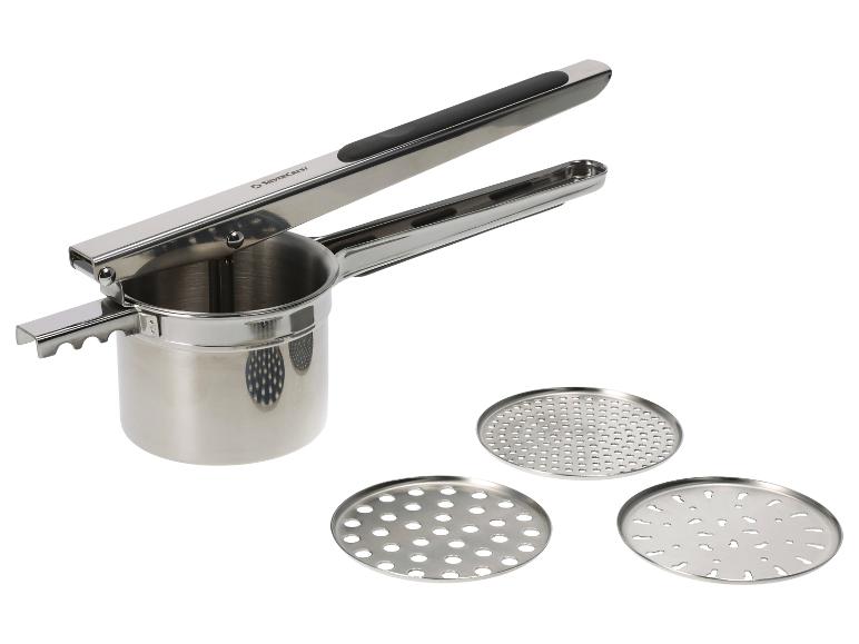 Presse-purée Silvercrest en acier inoxydable avec trois disques interchangeables.