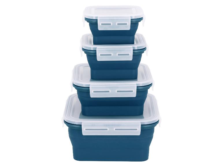 Ensemble de quatre récipients alimentaires pliables bleus avec couvercles blancs.