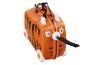 Une valise orange à imprimé tigre pour enfants, avec des roulettes et une sangle de traction.