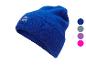 Bonnet d'hiver bleu avec logo, avec des échantillons de couleurs sur le côté.