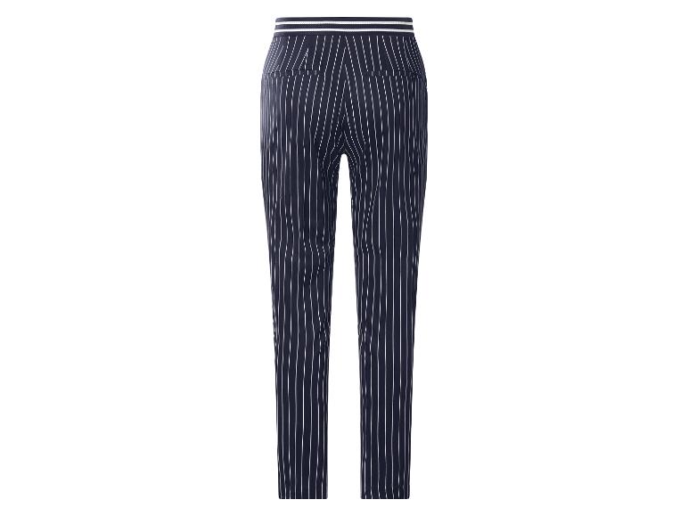 Pantalon femme rayé bleu marine et blanc avec taille élastique.