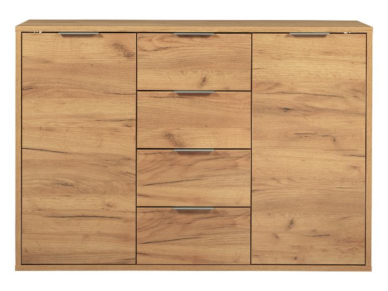 Un buffet en bois avec quatre tiroirs et deux portes.