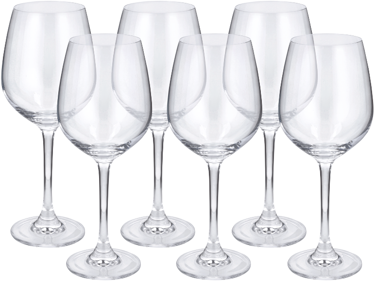Six verres à vin transparents avec de longues tiges et de larges bols sur fond noir.