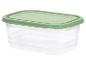 Boîte alimentaire en plastique transparent avec couvercle vert.