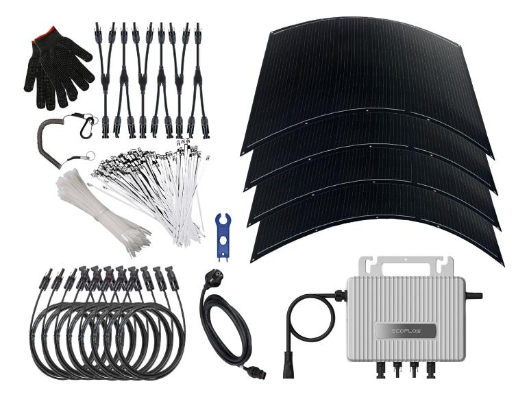 Kit de panneaux solaires avec quatre panneaux flexibles, onduleur, câbles, connecteurs et accessoires d'installation.