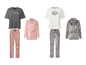 Pyjamas à motifs, un peignoir rose et une veste grise.