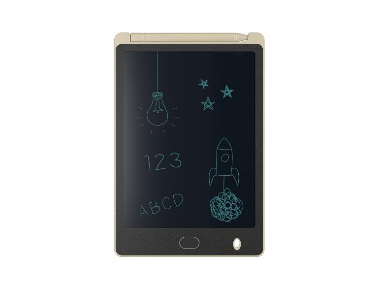 Bloc-notes électronique avec dessin de fusée et ampoule.