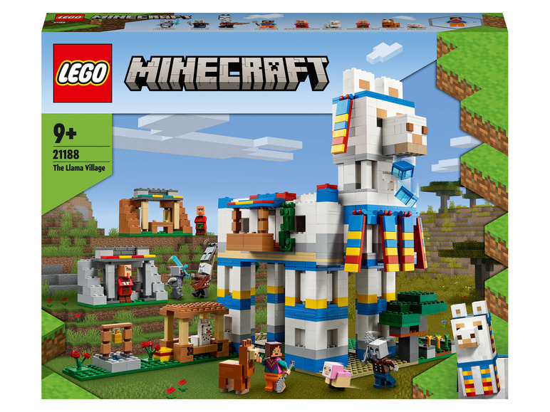 Ensemble LEGO Minecraft avec un grand lama et un village.
