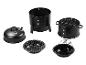 Barbecues noirs: grand modèle vertical, modèle rond avec couvercle et petit modèle.