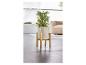 Un pot blanc sur un support en bois avec une plante verte.