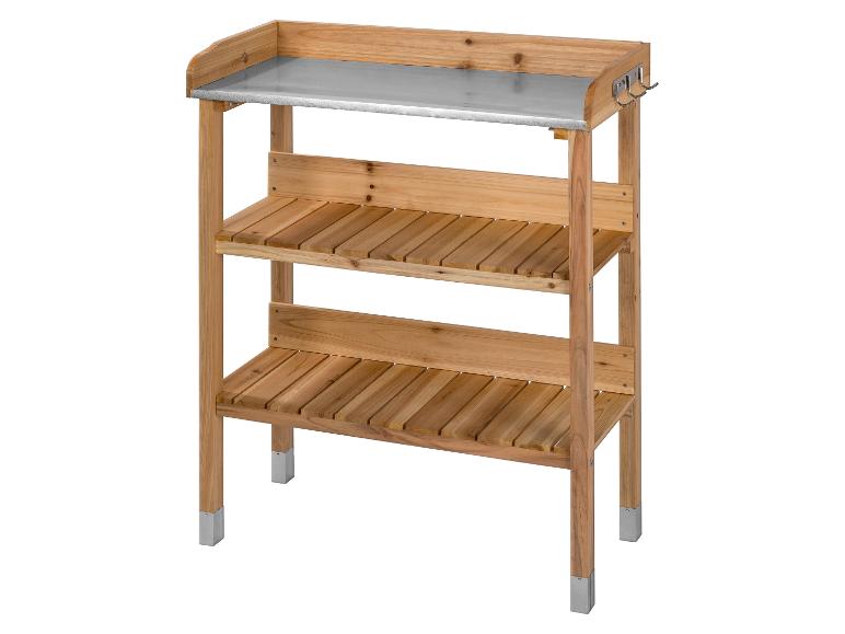 Établi de jardin en bois avec plan de travail en métal et étagères