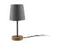 Une lampe de table grise avec un piédestal en bois.