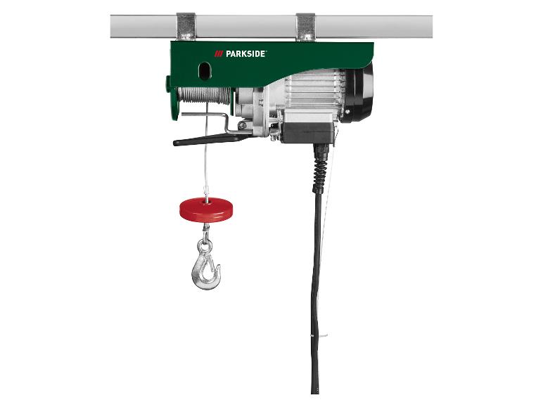 Treuil électrique PARKSIDE avec crochet et câble, monté sur une barre horizontale.