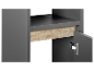 Détail d'un meuble gris avec une étagère et une porte en bois clair.