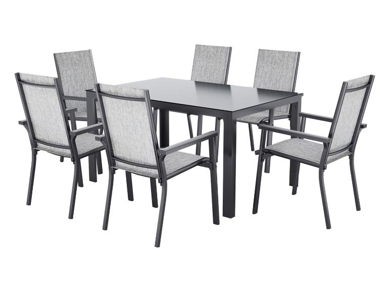 Ensemble de mobilier de jardin: table rectangulaire et six chaises avec sièges gris.