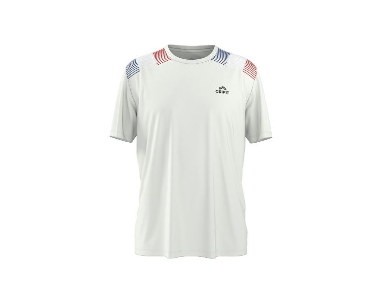T-shirt de sport blanc avec des rayures bleues et rouges sur les épaules.