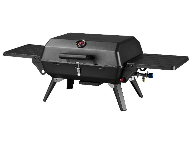 Barbecue à gaz portable noir avec tablettes latérales et thermomètre intégré.