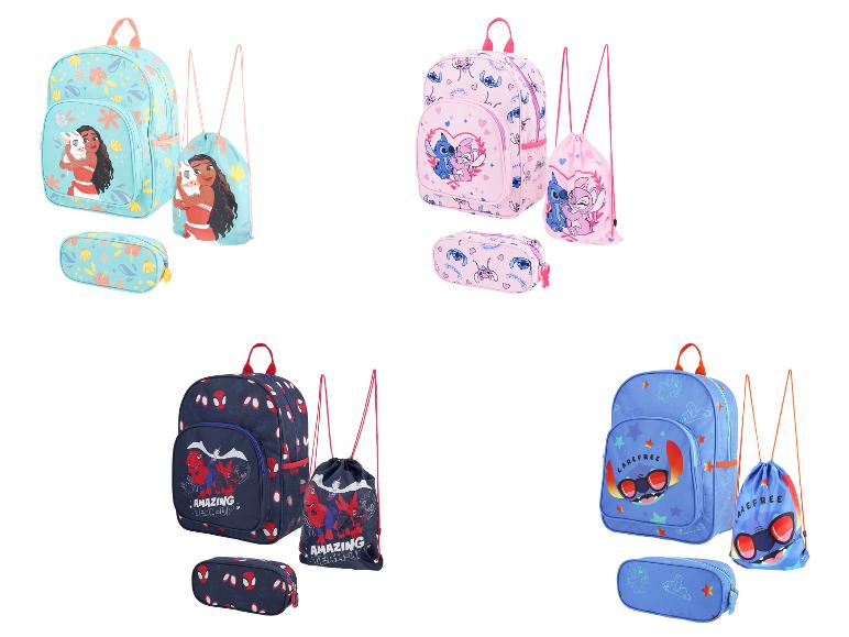 Quatre ensembles de sacs à dos, sacs de sport et trousses, avec des motifs de personnages de dessins animés.