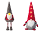 Deux gnomes festifs, l'un avec un nez lumineux et des jambes rayées, l'autre avec un chapeau rouge.